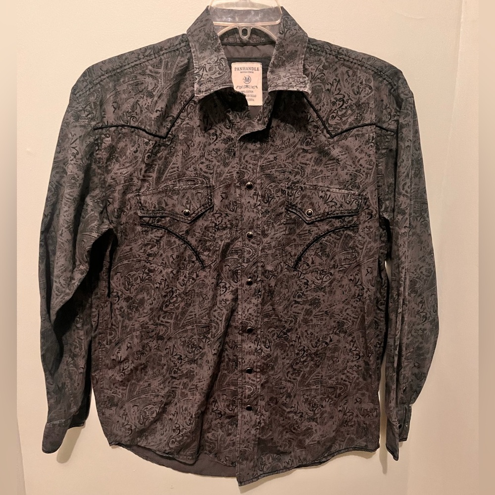 Panhandle Slim -Men’s Medium -Grey & Black Pearl Snap Western Shirt -100% Cotton